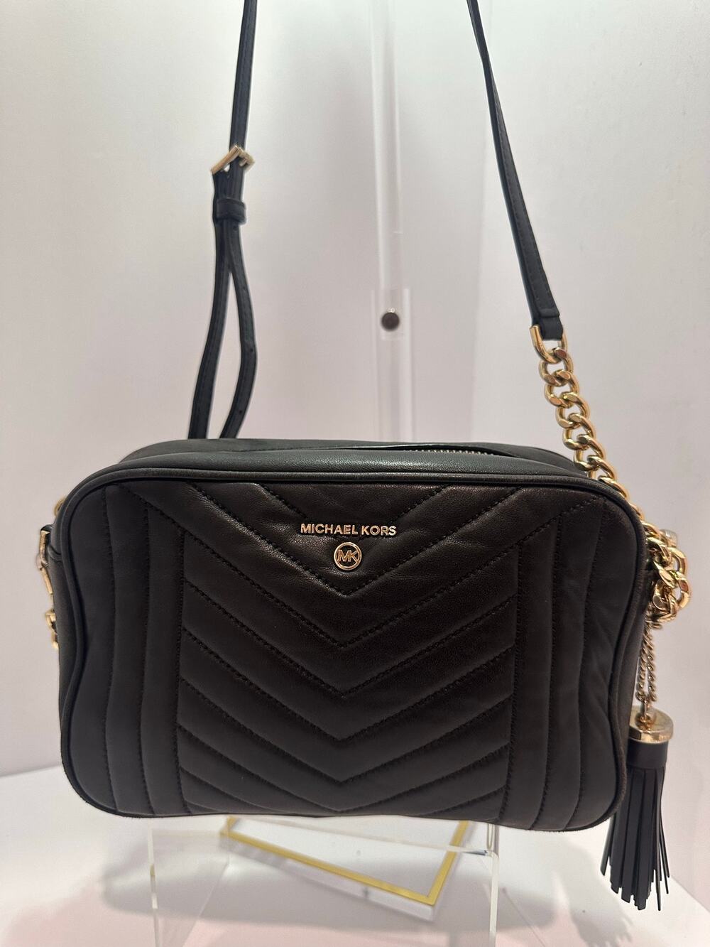 Michael Kors Black Quilted Leather Camera Crossbody Bag Gold Chain Tassel